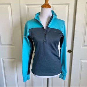 Nike Running Blue Gray Colorblock Dri Fit Hooded Quarter Zip Pullover Size Small